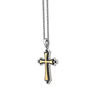 LYNX Men's Tri-Tone Stainless Steel Cross Pendant Necklace