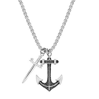 LYNX Men's Stainless Steel Black Cubic Zirconia Anchor & Sword Pendant Necklace