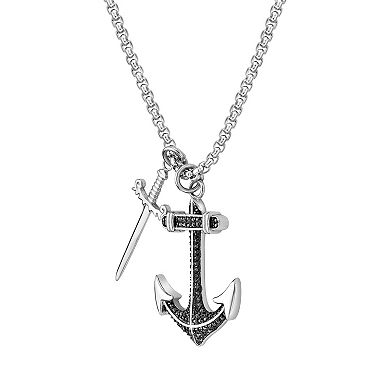 LYNX Men's Stainless Steel Black Cubic Zirconia Anchor & Sword Pendant Necklace