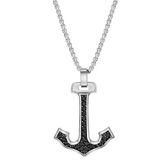LYNX Men's Stainless Steel Black Cubic Zirconia Anchor Pendant Necklace