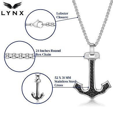 LYNX Men's Stainless Steel Black Cubic Zirconia Anchor Pendant Necklace