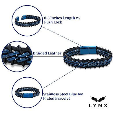 Men's LYNX Blue Ion Plated Stainless Steel & Braided Leather Bracelet