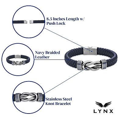 Men's LYNX Stainless Steel & Navy Braided Leather Bracelet
