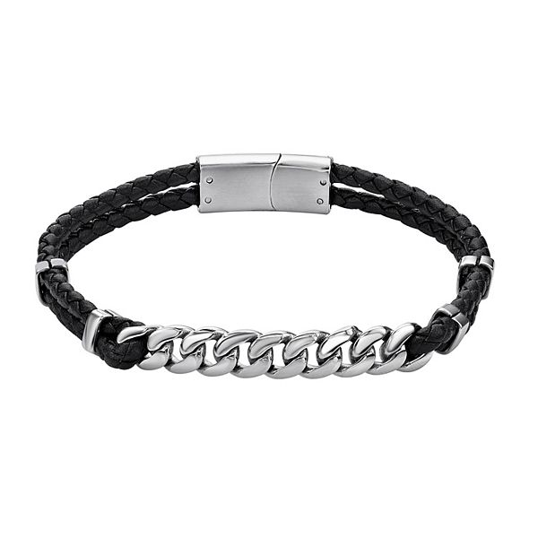 Men's LYNX Stainless Steel Link & Braided Black Leather Bracelet