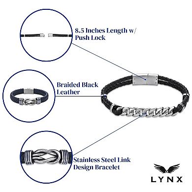 Men's LYNX Stainless Steel Link & Braided Black Leather Bracelet