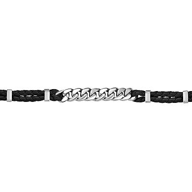 Men's LYNX Stainless Steel Link & Braided Black Leather Bracelet