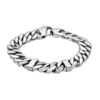 LYNX Men's Stainless Steel Curb Chain Bracelet with Cubic Zirconia Accents