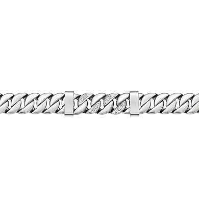 LYNX Men's Stainless Steel Curb Chain Bracelet with Cubic Zirconia Accents