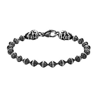 LYNX Men's Stainless Steel Skull Beaded Bracelet