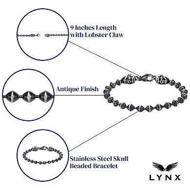 LYNX Men's Stainless Steel Skull Beaded Bracelet