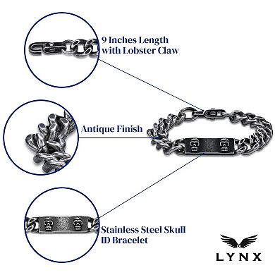 Men's LYNX Stainless Steel Antiqued Chain Skull ID Bracelet