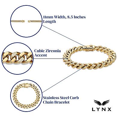 Men's LYNX Gold Tone Ion-Plated Stainless Steel Cubic Zirconia Chain Bracelet