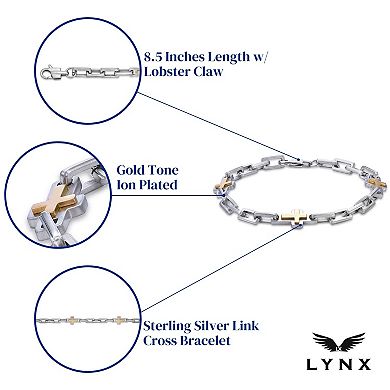 Men's LYNX Sterling Silver Link Gold Tone Ion Plated Cross Bracelet