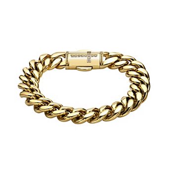 LYNX Men's Gold Tone Ion-Plated Stainless Steel Cubic Zirconia Cross 12 mm Curb Chain Bracelet