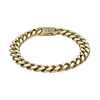 LYNX Men's Gold Tone Ion-Plated Stainless Steel 9 mm Curb Chain Bracelet with Cubic Zirconia Clasp