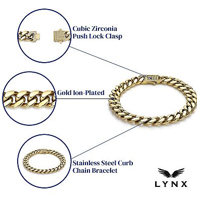 LYNX Men's Gold Tone Ion-Plated Stainless Steel 9 mm Curb Chain Bracelet with Cubic Zirconia Clasp