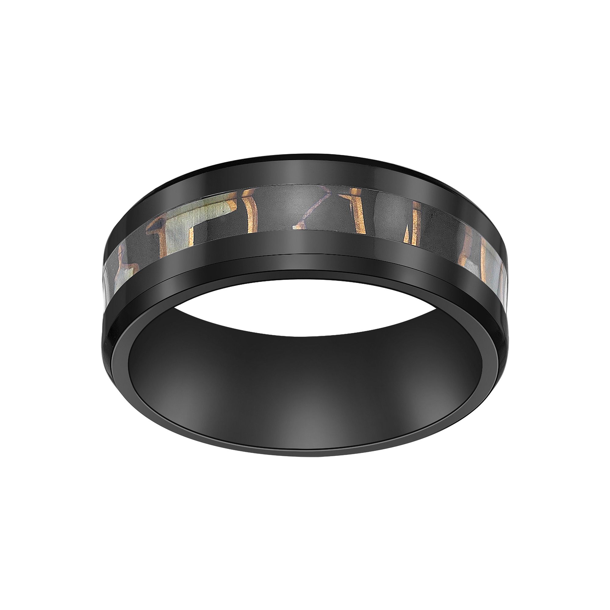 LYNX Mens Black Zirconium & Abalone Shell Inlay Ring, Size: 8, Two Tone