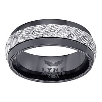 LYNX Men's Black Zirconium & Hammered Damascus Steel Ring