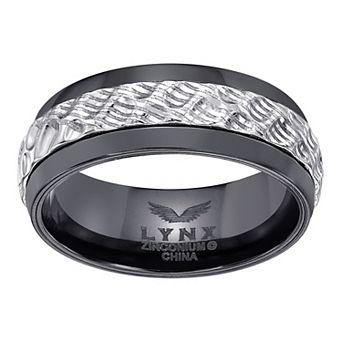 LYNX Men's Black Zirconium & Hammered Damascus Steel Ring