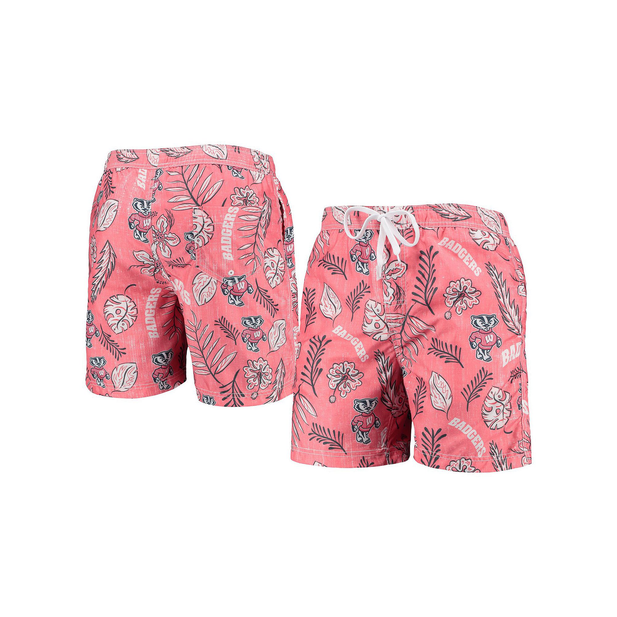 Mens Wes & Willy Red Wisconsin Badgers Vintage Floral Swim Trunks, Size: X