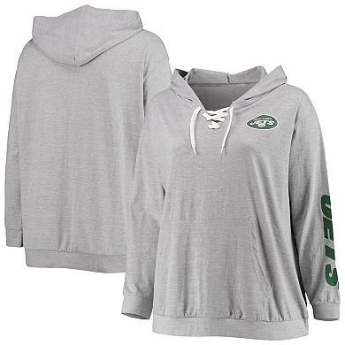Women's Fanatics Branded Heathered Gray New York Jets Plus Size Lace-Up Pullover Hoodie
