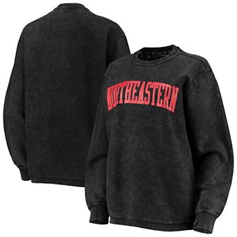 Women's Pressbox Black Northeastern Huskies Comfy Cord Vintage Wash Basic Arch Pullover Sweatshirt