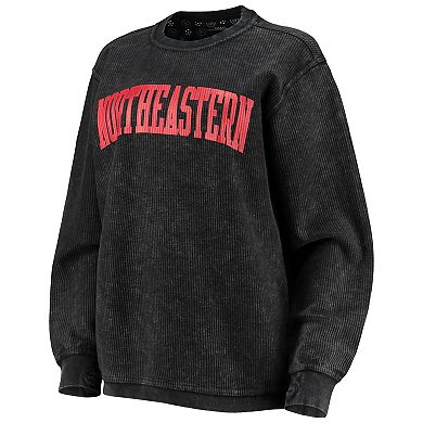 Women's Pressbox Black Northeastern Huskies Comfy Cord Vintage Wash Basic Arch Pullover Sweatshirt