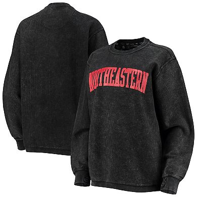 Women's Pressbox Black Northeastern Huskies Comfy Cord Vintage Wash Basic Arch Pullover Sweatshirt