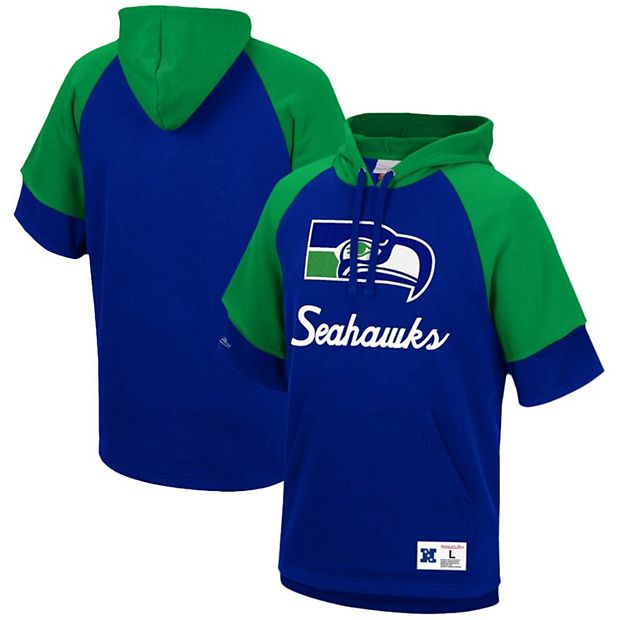 Men's Mitchell & Ness Royal Seattle Seahawks Home Advantage Raglan Short  Sleeve Pullover Hoodie