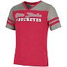 Girls Youth Colosseum Heathered Scarlet Ohio State Buckeyes Aloha Stripe Sleeve Rhinestone V-Neck T-Shirt