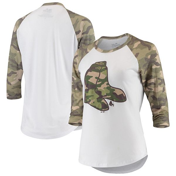 Women's Majestic Threads White/Camo Boston Red Sox Raglan 3/4