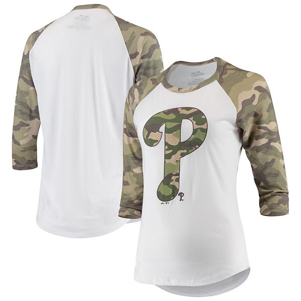 Women's Majestic Threads White/Camo Philadelphia Phillies Raglan 3/4-Sleeve  T-Shirt