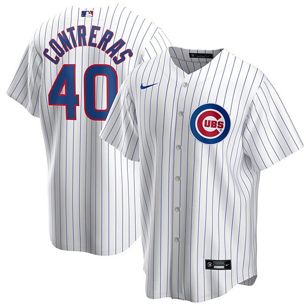 The Chicago Cubs' logo is seen on a jersey of a player during a