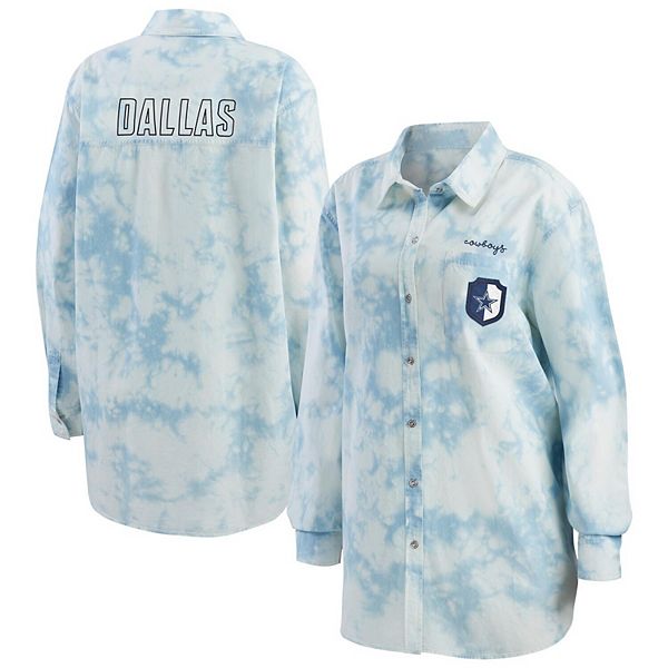 Women's WEAR by Erin Andrews Denim Dallas Cowboys Chambray Acid-Washed Long  Sleeve Button-Up Shirt