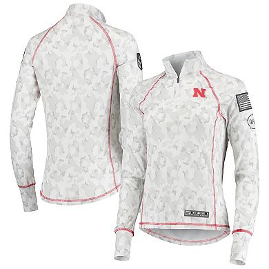 Women's Colosseum White Nebraska Huskers OHT Military Appreciation Officer Arctic Camo Fitted Lightweight 1/4-Zip Jacket