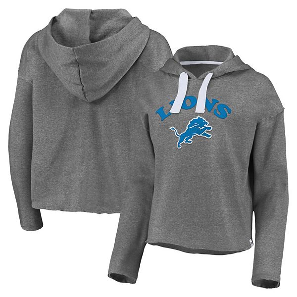 Women's Fanatics Branded Heathered Gray Detroit Lions Historic Logo Sport  Resort Vintage Arc Cropped Raw Edge Pullover Hoodie