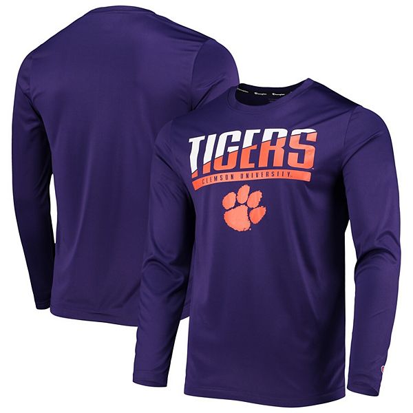 Men's Champion Purple Clemson Tigers Wordmark Slash Long Sleeve T-Shirt