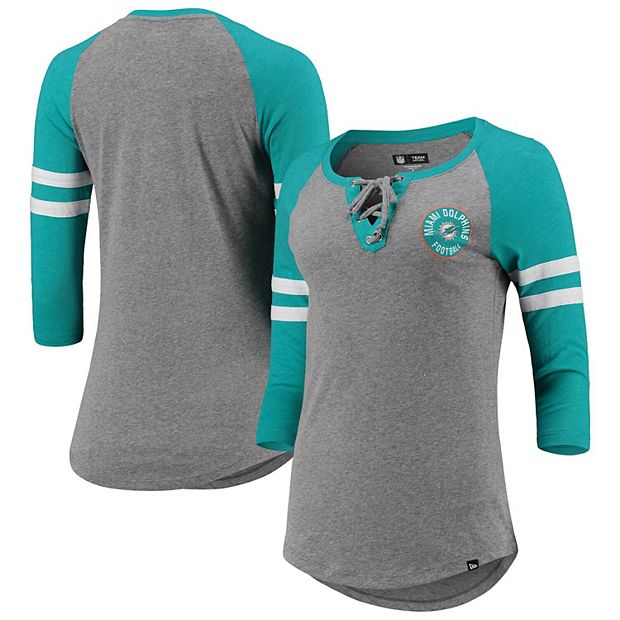 Women's New Era Heathered Gray Miami Dolphins Throwback Raglan 3/4-Sleeve  Lace-Up T-Shirt