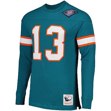 Men's Mitchell & Ness Dan Marino Aqua Miami Dolphins Throwback Retired Player Name & Number Long Sleeve Top
