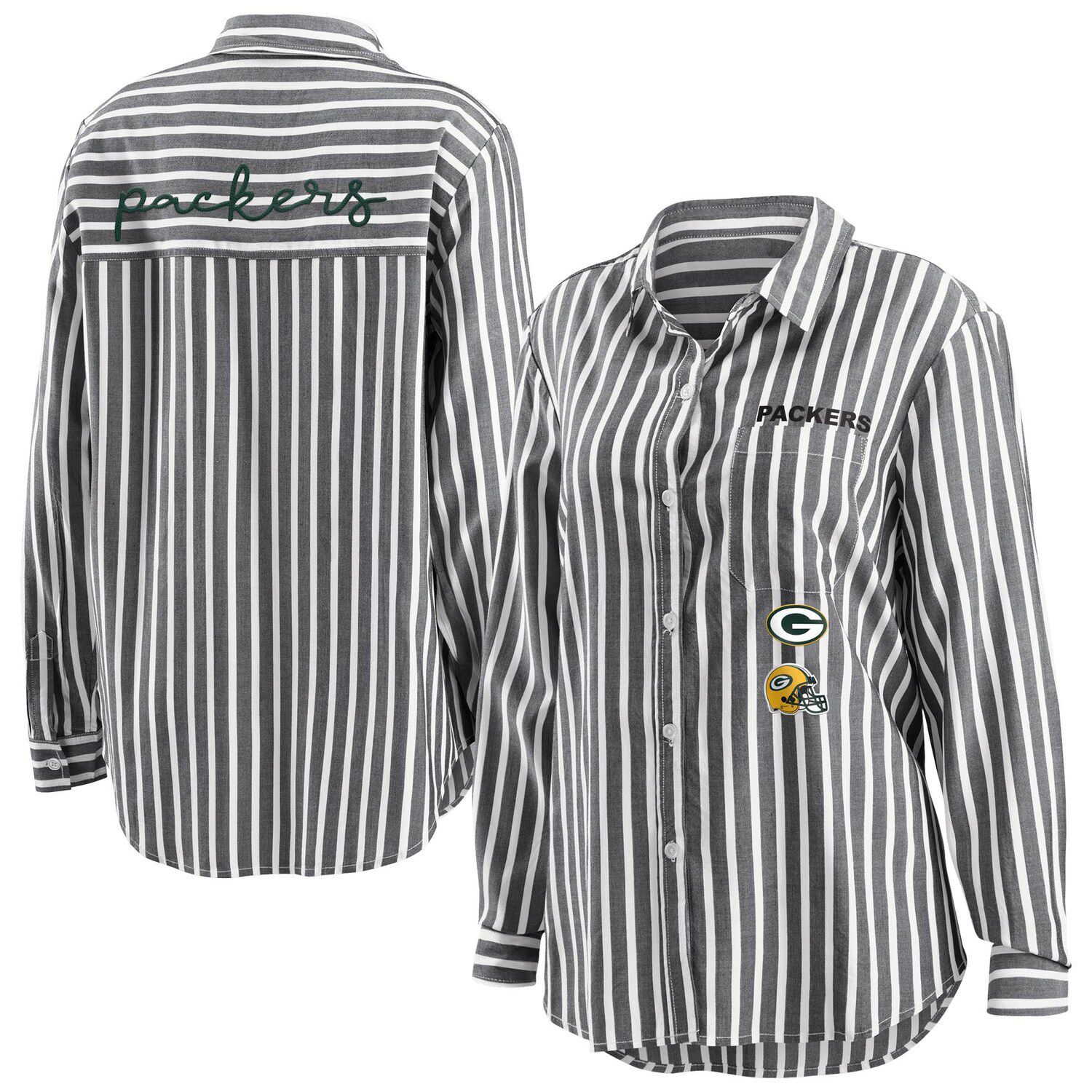 Image for Unbranded Women's WEAR by Erin Andrews Black Green Bay Packers Striped Long Sleeve Button-Up Shirt at Kohl's.
