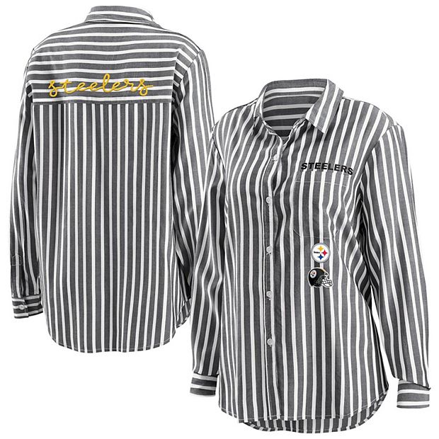 Women's WEAR by Erin Andrews Black Pittsburgh Steelers Striped Long Sleeve  Button-Up Shirt