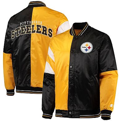 Men's Starter Black/Gold Pittsburgh Steelers Leader Varsity Satin Full-Snap Jacket
