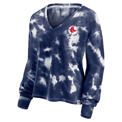 Women's Fanatics Branded White/Navy Boston Red Sox Tie-Dye V-Neck Pullover Cropped Tee