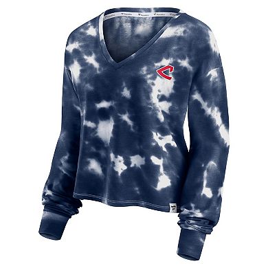 Women's Fanatics Branded White/Navy Cleveland Indians Tie-Dye V-Neck Pullover Cropped Tee