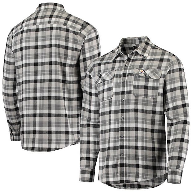 Men's Antigua Black/Gray Pittsburgh Steelers Ease Flannel Long Sleeve  Button-Up Shirt