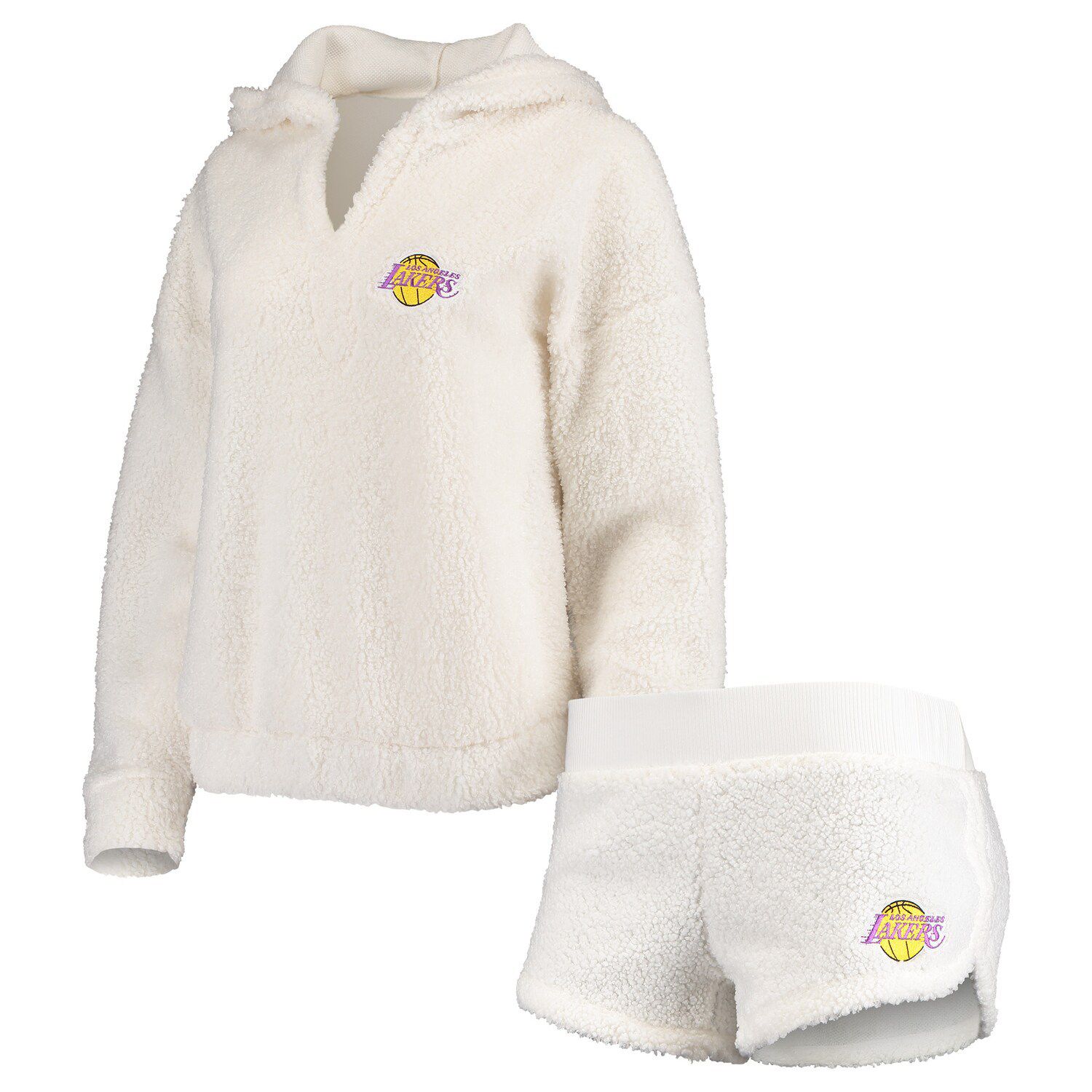 Image for Unbranded Women's Concepts Sport Cream Los Angeles Lakers Fluffy Long Sleeve Hoodie Top & Shorts Sleep Set at Kohl's.