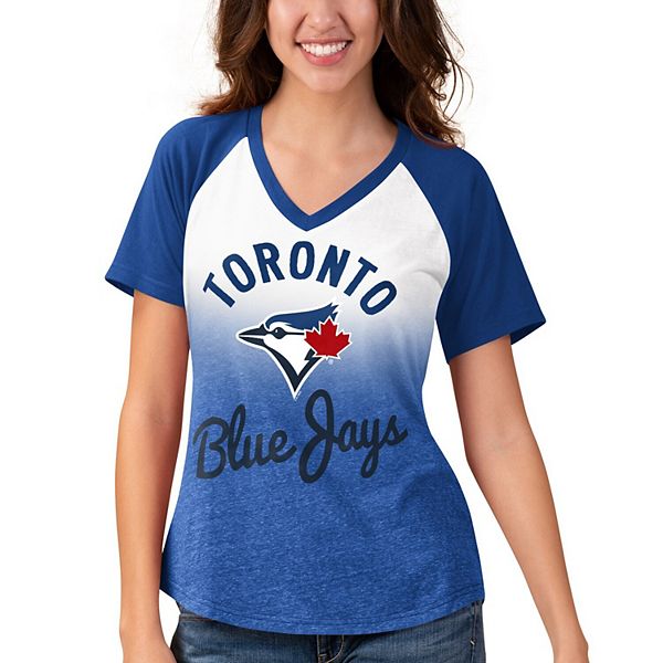 Women's Toronto Blue Jays Touch Royal/White Shortstop Ombre Raglan V-Neck  T-Shirt