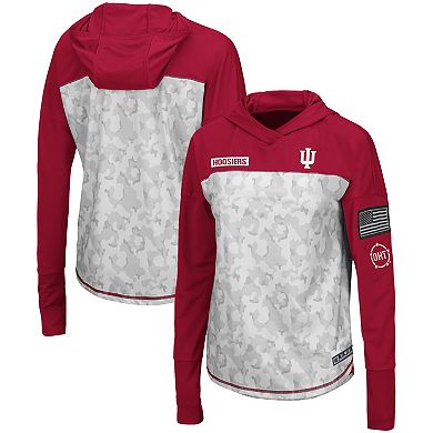 Women's Colosseum Gray/Crimson Indiana Hoosiers OHT Military Appreciation Mission Arctic Camo Hoodie Long Sleeve T-Shirt