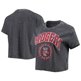 Women's Pressbox Heathered Black Wisconsin Badgers Edith Vintage Burnout Crop T-Shirt