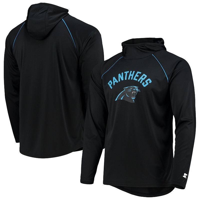Mens Starter Black Carolina Panthers Raglan Long Sleeve Hoodie T-Shirt, Si